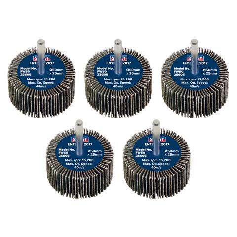 50 x 25mm Abrasive Flap Wheel with 6mm Shaft 60Grit - Pack of 5