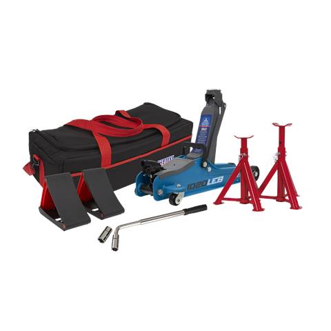 Low Profile Short Chassis Trolley Jack  2 Tonne & Accessories Bag Combo - Blue