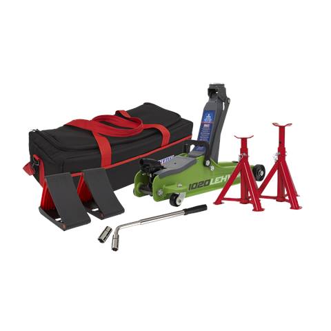 Low Entry Short Chassis Trolley Jack & Accessories Bag Combo, 2 Tonne - Green