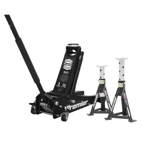 Premier Trolley Jack 3 Tonne & Axle Stands (Pair) 3 Tonne per Stand Combo