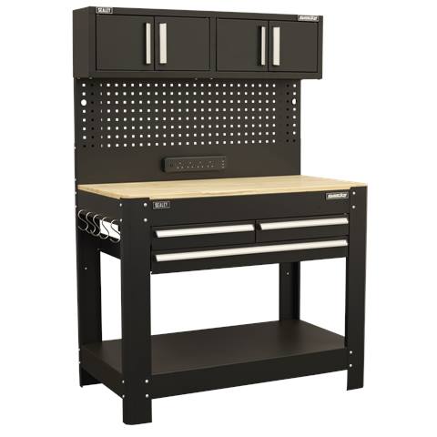 Superline PRO® Workbench with Pegboard Back Panel, Power Bar & Wooden Worktop