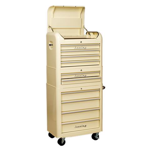 Premier™ Retro Style Topchest, Mid-Box Tool Chest & Rollcab Combination 10 Drawer - Cream