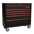 Premier™ Retro Style Wide Rollcab 6 Drawer - Black with Red Anodised Drawer Pulls