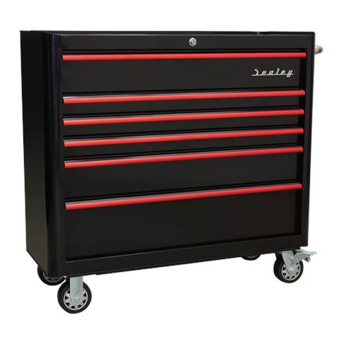 Premier™ Retro Style Wide Rollcab 6 Drawer - Black with Red Anodised Drawer Pulls