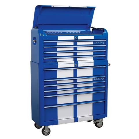 Premier™ Retro Style Wide Topchest & Rollcab Combination 10 Drawer Blue with White Stripes