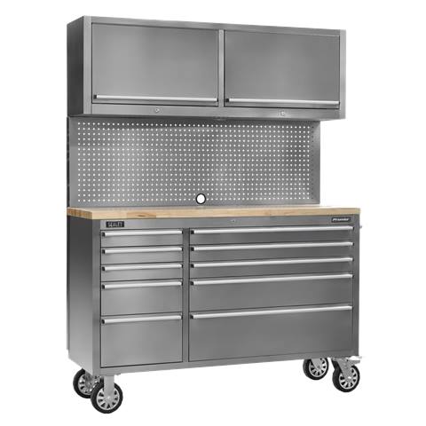 Premier™ Mobile Stainless Steel Tool Cabinet 10 Drawer with Backboard & 2 Wall Cupboards