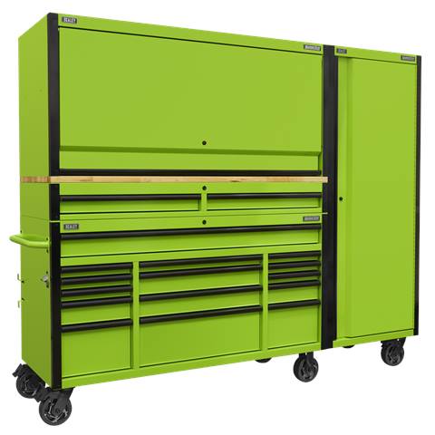 Superline PRO® Black Edition Mobile Trolley with Wooden Worktop, Hutch, 2 Drawer Riser & Side Locker 15 Drawer 1549mm