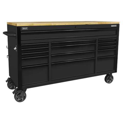 Superline PRO® Black Edition Mobile Trolley with Wooden Worktop 15 Drawer 1549mm