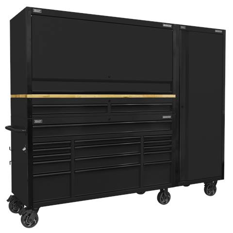 Superline PRO® Black Edition Mobile Trolley with Wooden Worktop 15 Drawer, Hutch, 2 Drawer Riser & Side Locker 1549mm