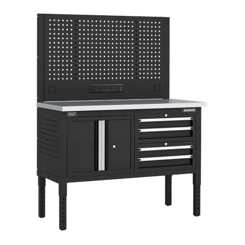 Superline PRO® Modular Workbench with 4 Drawers & Cupboard Stainless Steel Worktop 1265mm