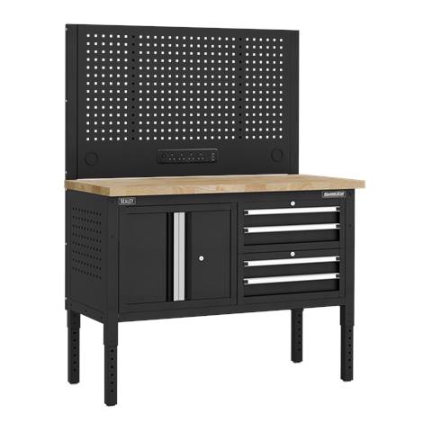 Superline PRO® Modular Workbench with 4 Drawers & Cupboard Wooden Worktop 1265mm
