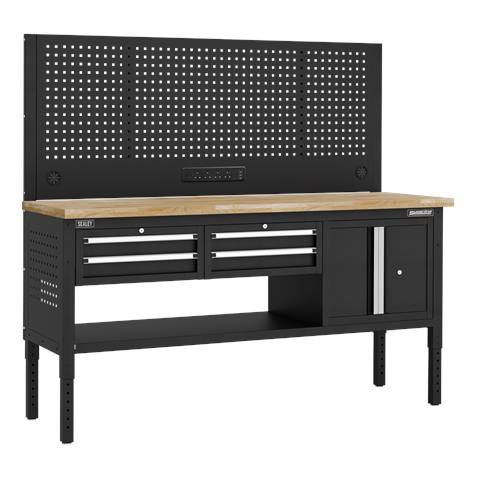 Superline PRO® Modular Workbench with 4 Drawers & Cupboard Wooden Worktop 1830mm