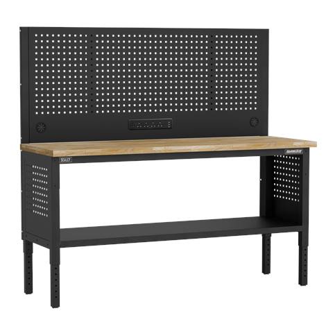 Superline PRO® Modular Adjustable-Height Workbench with Pegboard Back Panel & Wooden Worktop 1830mm