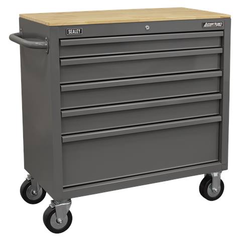 American PRO® Mobile Workstation with Wooden Worktop 5 Drawer - Grey