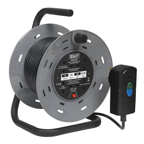 25m Cable Reel with Thermal Trip & RCD Plug 4 x 230V