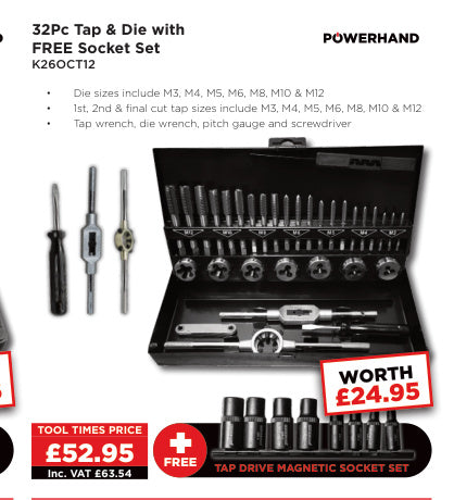 32Pc Tap and Die with FREE Tap Drive Socket Set