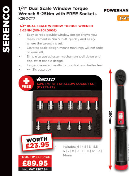 1/4 Torque Wrench 5–25Nm with FREE Sockets