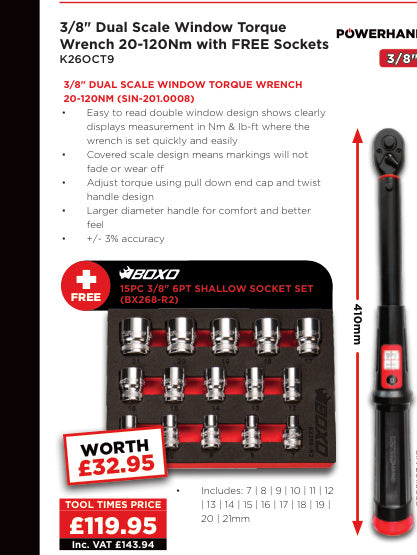 3/8 Torque Wrench 20–120Nm with FREE Sockets