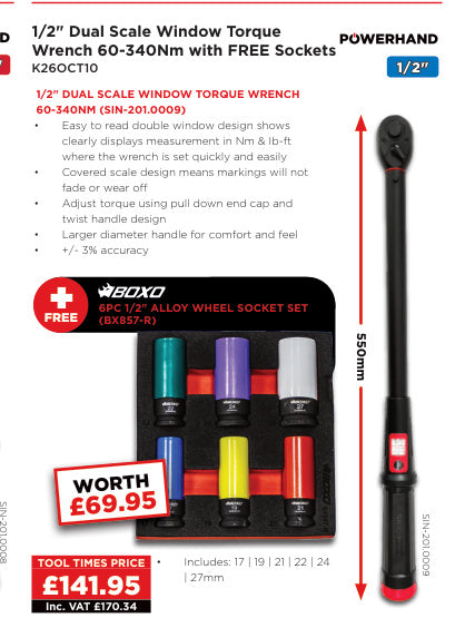 1/2 Torque Wrench 60–340Nm with FREE Alloy Wheel Sockets