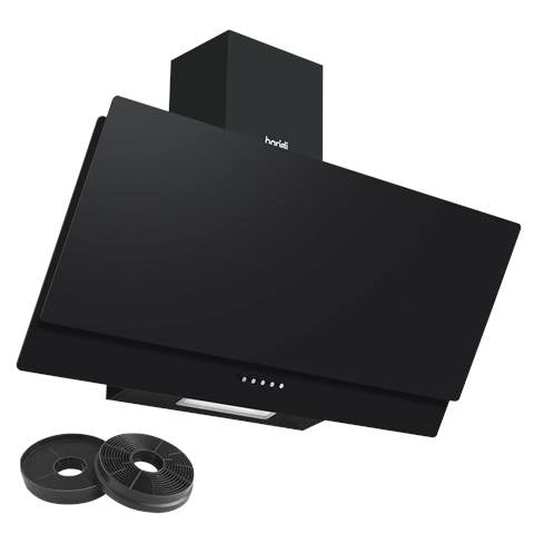 Baridi Angled Chimney Cooker Hood with Carbon Filters & LED Lamp 90cm, Energy Class A - Black Glass