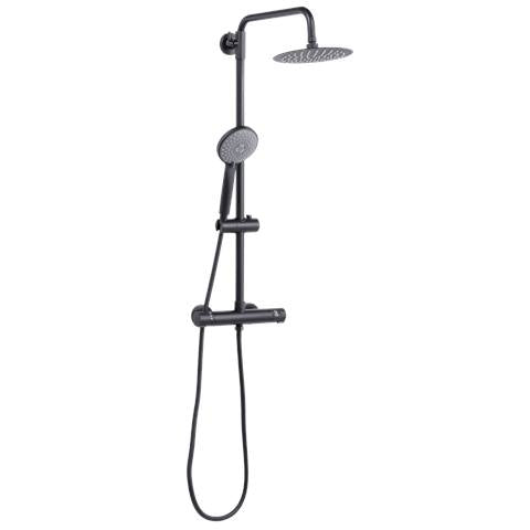 Thermostatic Shower Mixer Set, 20cm Round Head, Adjustable Rail - Black