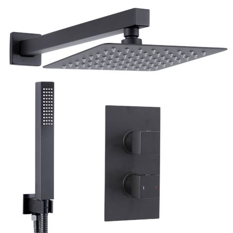 Concealed Thermostatic Shower Set 20 x 20cm Square Head & Hand Shower - Black