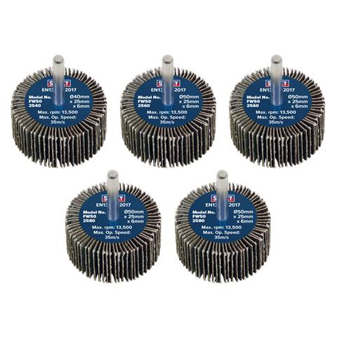 50 x 25mm Abrasive Flap Wheel with 6mm Shaft Assorted Grit - Pack of 5
