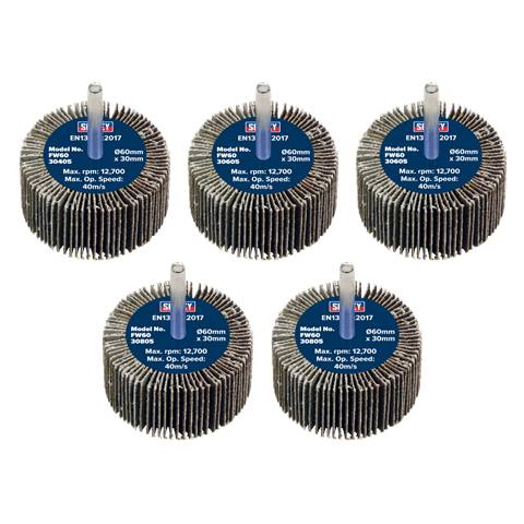 60 x 30mm Abrasive Flap Wheel on 6mm Shaft Assorted Grit - Pack of 5