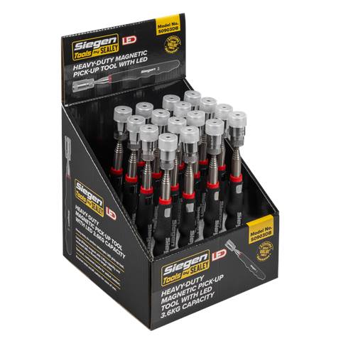 Siegen Heavy-Duty Magnetic Pick-Up Tool with LED 3.6kg Capacity - Display Box of 16