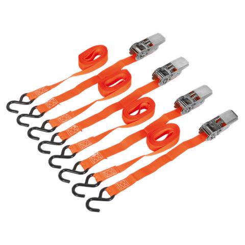 Ratchet Straps Polyester Webbing with S-Hooks 25mm x 4m 500kg Breaking Strength - 2 Pairs
