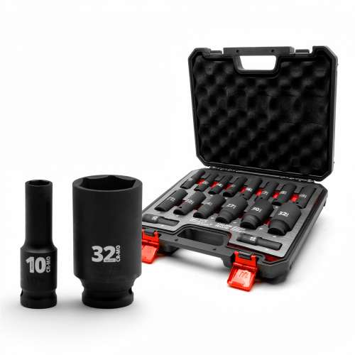 Socket Set; Deep, Impact, 1/2''dr 6-Point Dynamic Wall Drive, 10-32mm